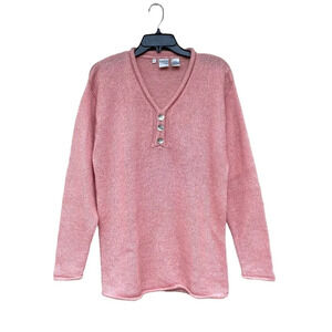 Vintage Silk Mohair Blend Sweater M Cable Knit V-Neck Pearl Buttons Cozy Soft